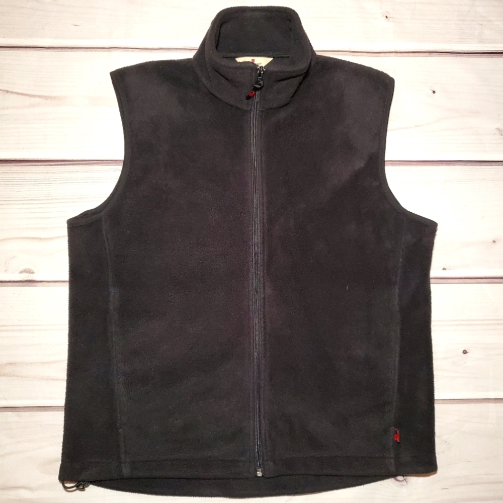 Woolrich Black Polar Fleece Vest Full Zip Pockets Waist Tabs